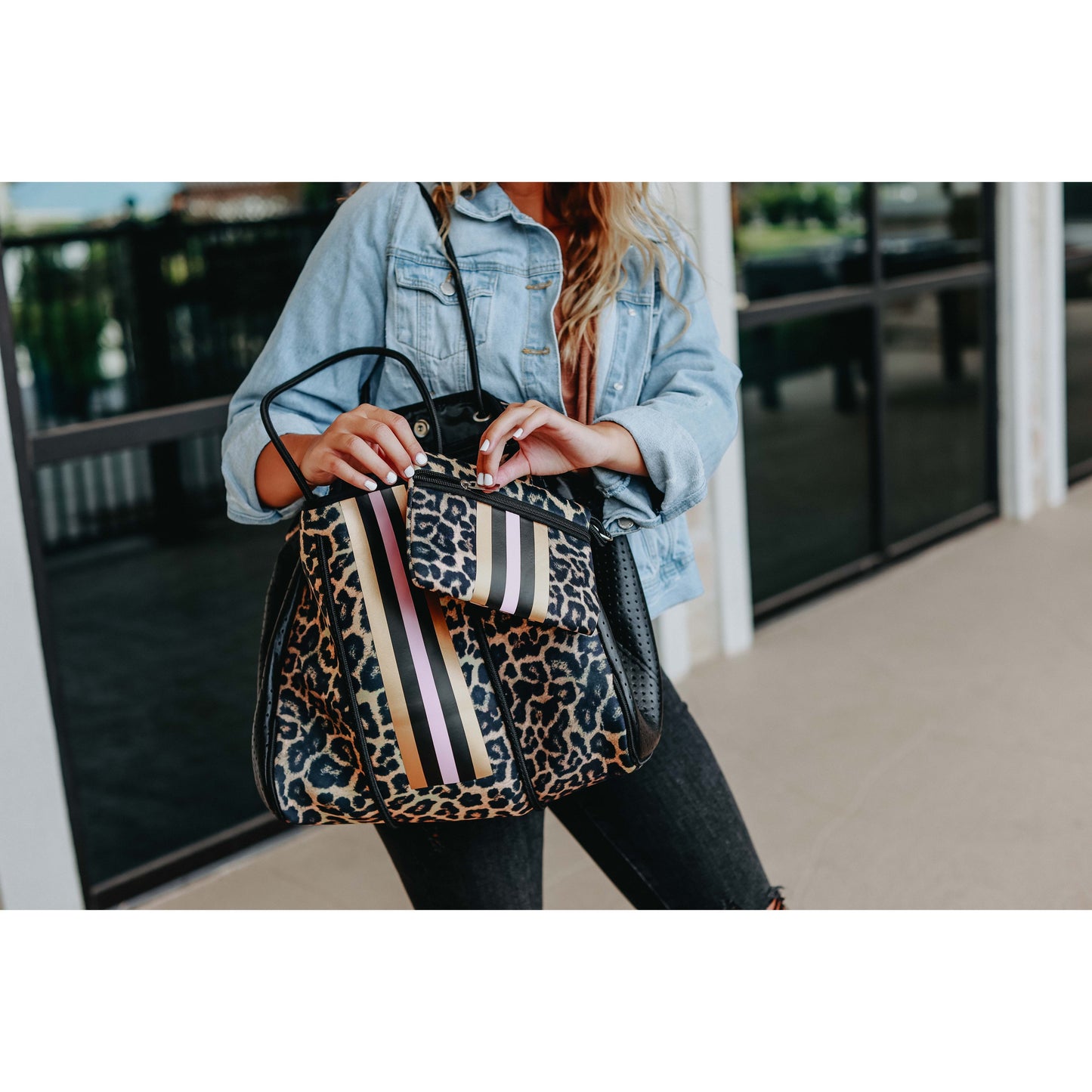 Ready to Ship  | The Sierra - Pink Stripe Leopard Neoprene Bag